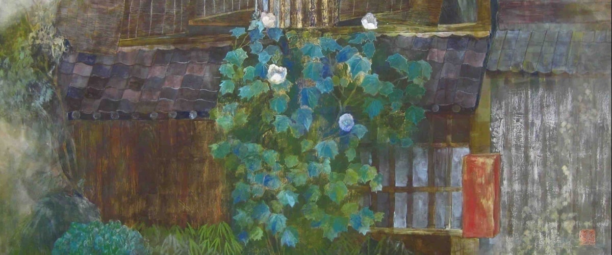 京都の町屋を描いた。 この時は、ずっと京都に住んでいながら見逃していた町屋のもつ重厚な色合いにはっと気付いた夏。 芙蓉と板壁とのコントラストを真ん中に配した。