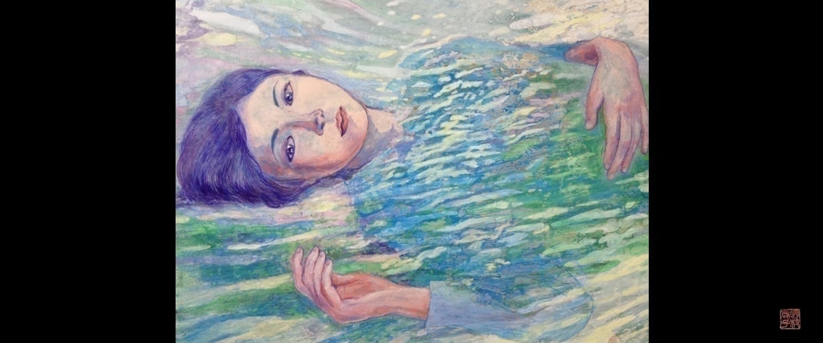 希望にあふれた人物の表情を、きらめく水面にただようようなダブルイメージで描いた。 人物の希望にあふれた思いを色彩と銀箔で表現した。